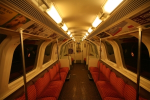 A shot looking down the length of an empty Glasgow Subway Carriage