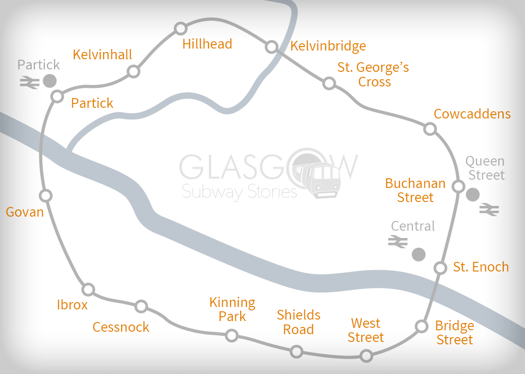 A map showing the actual geographical layout of Glasgow Subway