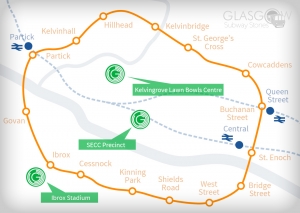 A map of Commonwealth Games venues and the Glasgow Subway