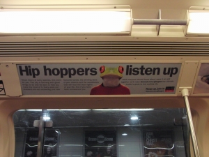 A shot of the Hiphop advert on the Glasgow underground. Shows a nice picture of a frog.